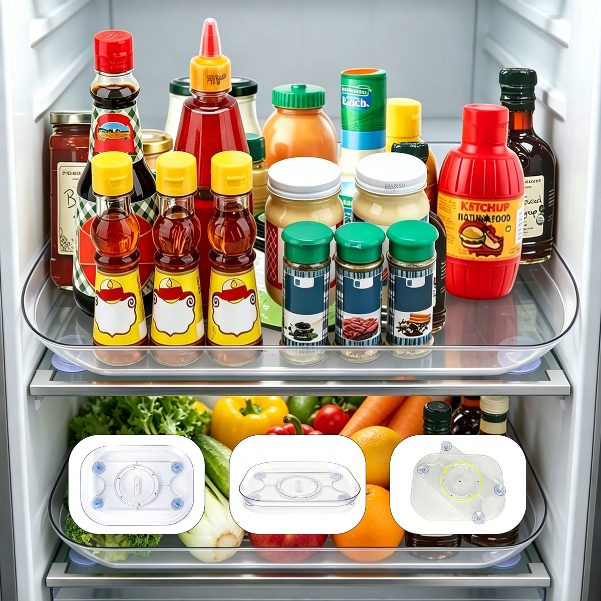 Pull-out rotating fridge organizer stocked with bottles and jars